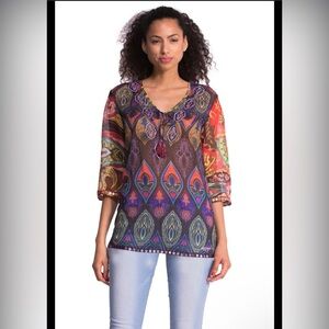 Desigual Multicolor Sheer Boho Geometric Sheer V-Neck Chiffon Blouse Top XL‎